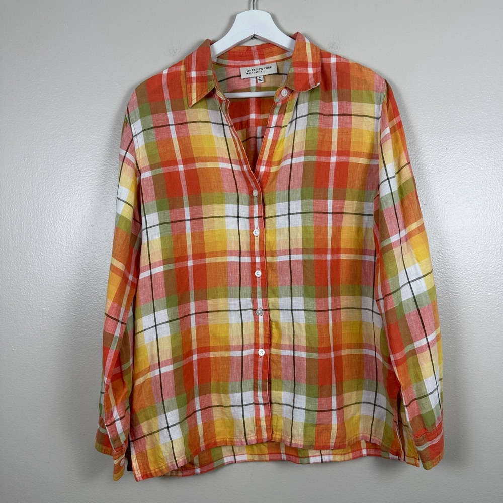 Jones New York Women's PL Button-Up Shirt Orange Plaid 100%‎ Linen Long Sleeve